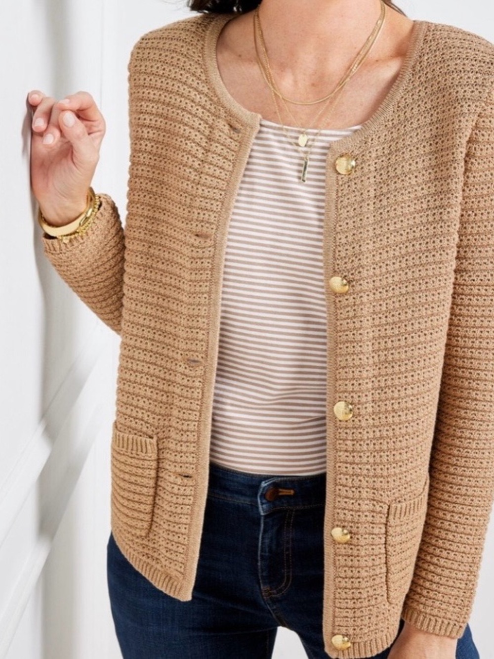 Talbots‎ Kate Metallic Knit Button Up Crew Neck Cardigan Sweater Gold Shimmer Me